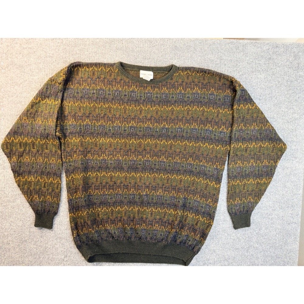 Taylor & Henry XXL Mens Green Multi Color Acrylic Knit Crewneck Sweater Vintage